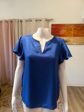 SHEIN Royal Blue Split V-Neck Flutter Sleeve Blouse